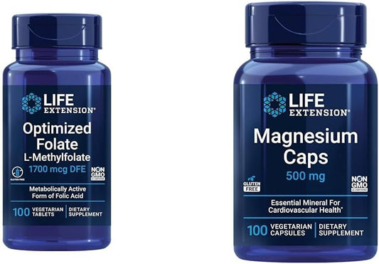 Folate and Magnesium Supplement Bundle for Brain and Heart Health, 100 Tablets and 100 Capsules
