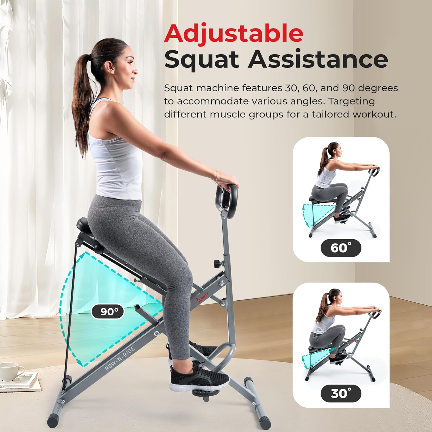 Foldable Row-N-Ride Squat Assist Trainer by Sunny Health & Fitness - Adjustable Resistance for Home Gym Workout - Arm, Glute, Leg Exercise Machine