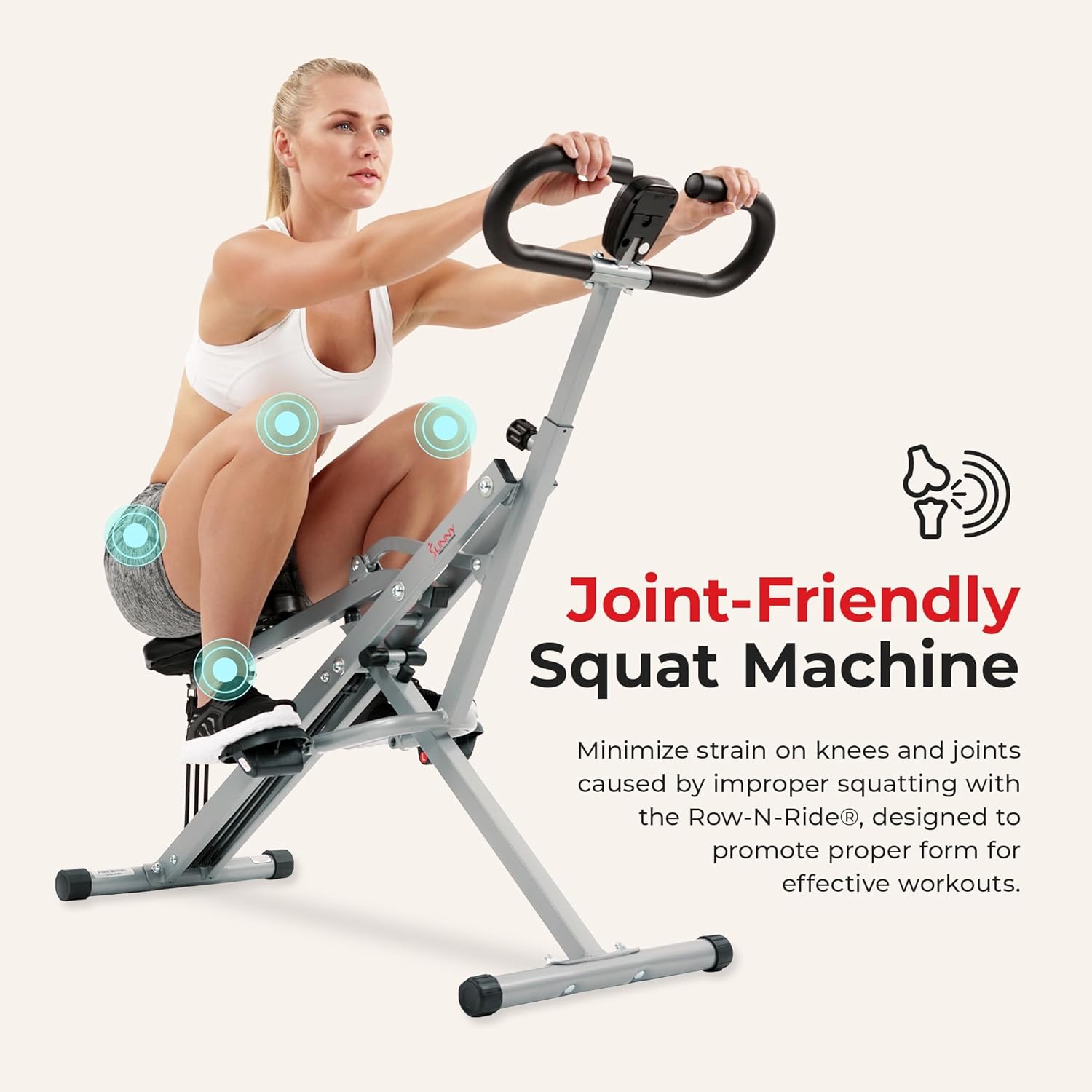 Foldable Row-N-Ride Squat Assist Trainer by Sunny Health & Fitness - Adjustable Resistance for Home Gym Workout - Arm, Glute, Leg Exercise Machine