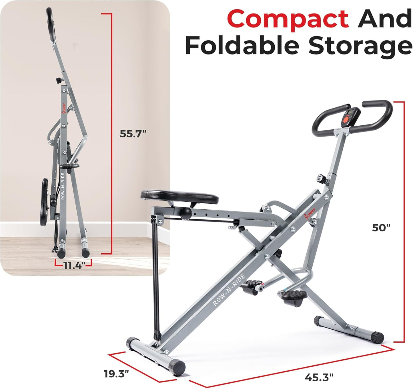 Foldable Row-N-Ride Squat Assist Trainer by Sunny Health & Fitness - Adjustable Resistance for Home Gym Workout - Arm, Glute, Leg Exercise Machine