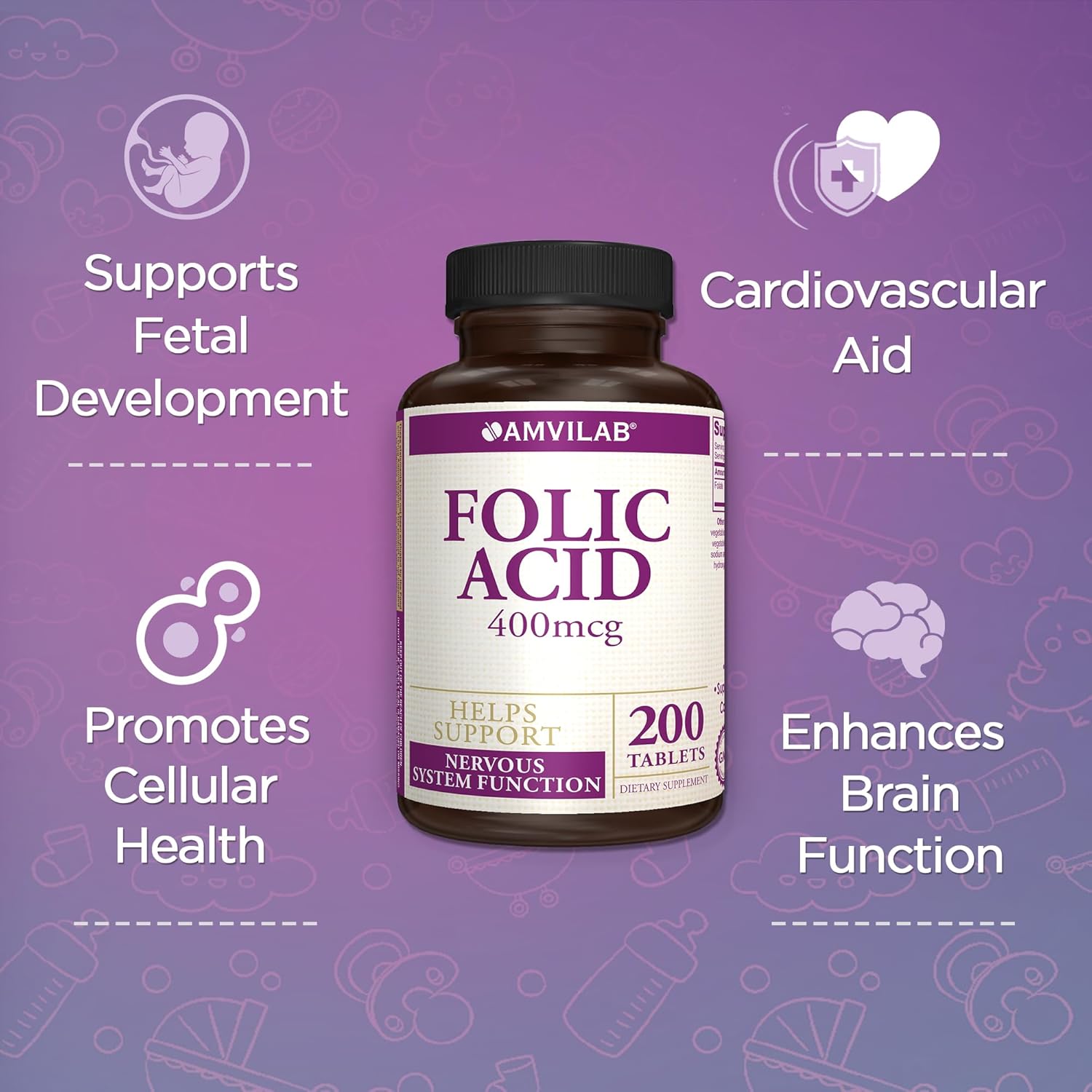 Folic Acid 400 mcg (670 mcg DFE) Dietary Supplement for Nervous System Health - 200 Tablets - 200 Day Supply