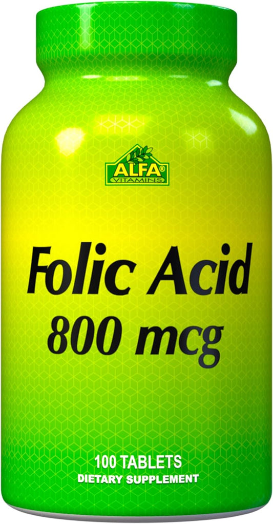 Folic Acid 800 Mcg Dietary Supplement for Cardiovascular Health, Metabolism, Brain, & Fetal Development - 100 Tablets