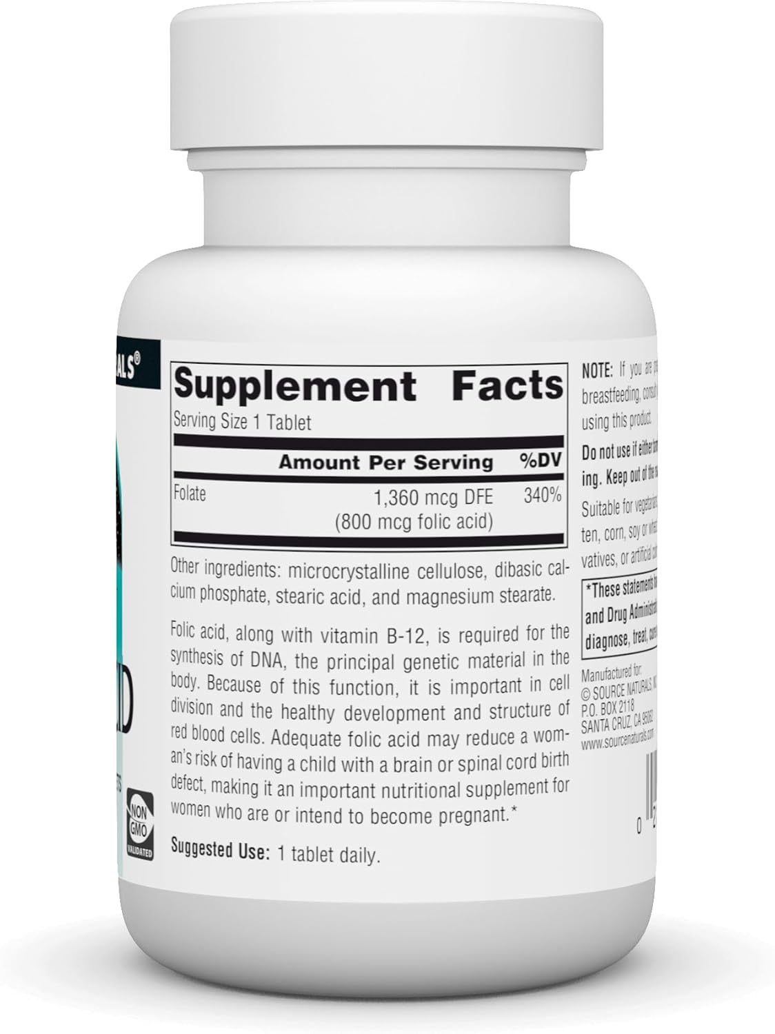 Folic Acid 800 Mcg Tablets - 200 Count by Source Naturals