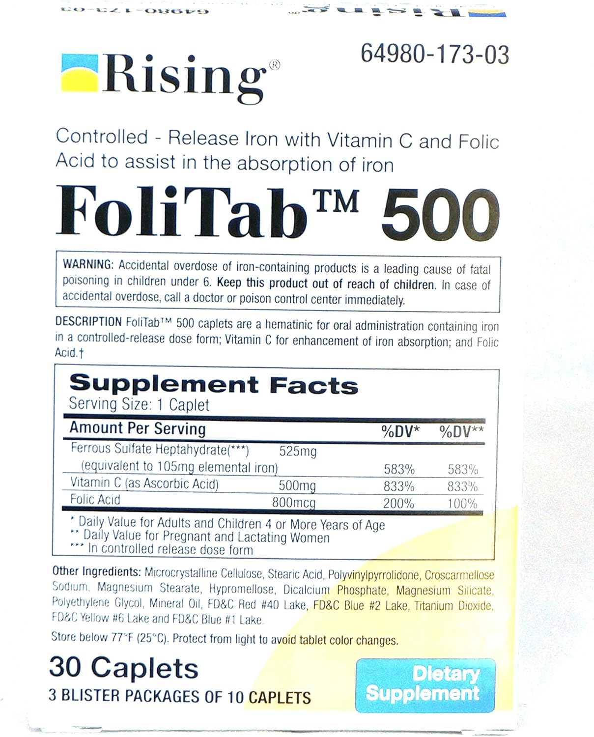 FoliTab 500 Iron Supplement with Vitamin C and Folic Acid - 30 Caplets