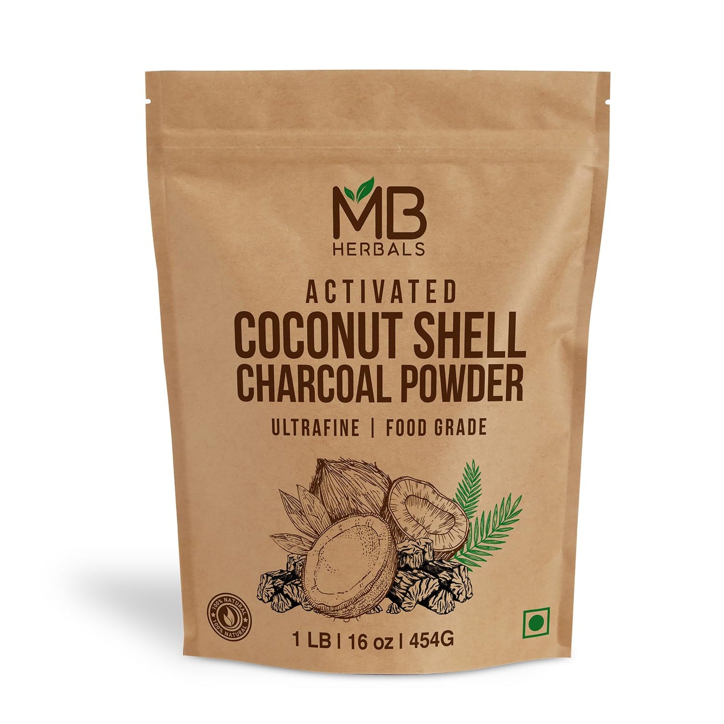 Food Grade Coconut Charcoal Powder 1 LB for Detox Face Masks, Soap Making, ToothPowder | MB Herbals Activated Coconut Shell Charcoal Powder - 16 oz (454g)