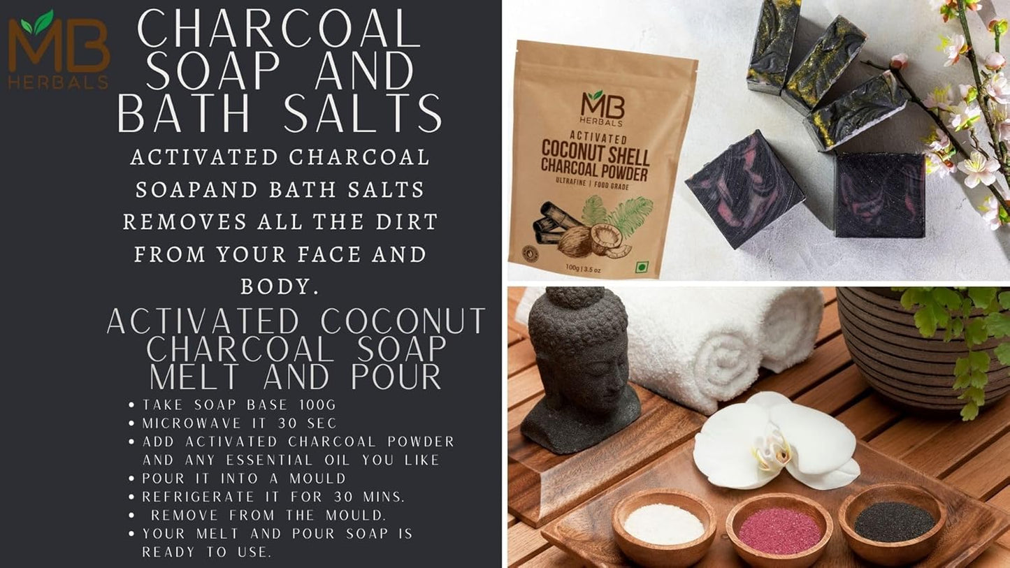 Food Grade Coconut Charcoal Powder 3.5 oz (100g) for Detox, Face Masks, Soap Making, Tooth Powder | MB Herbals Activated Charcoal Powder