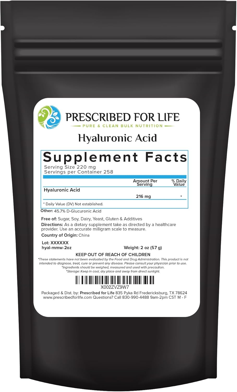 Food Grade Hyaluronic Acid Powder Supplement - Medium Molecular Weight 1.15 mil Daltons - 2oz / 56g
