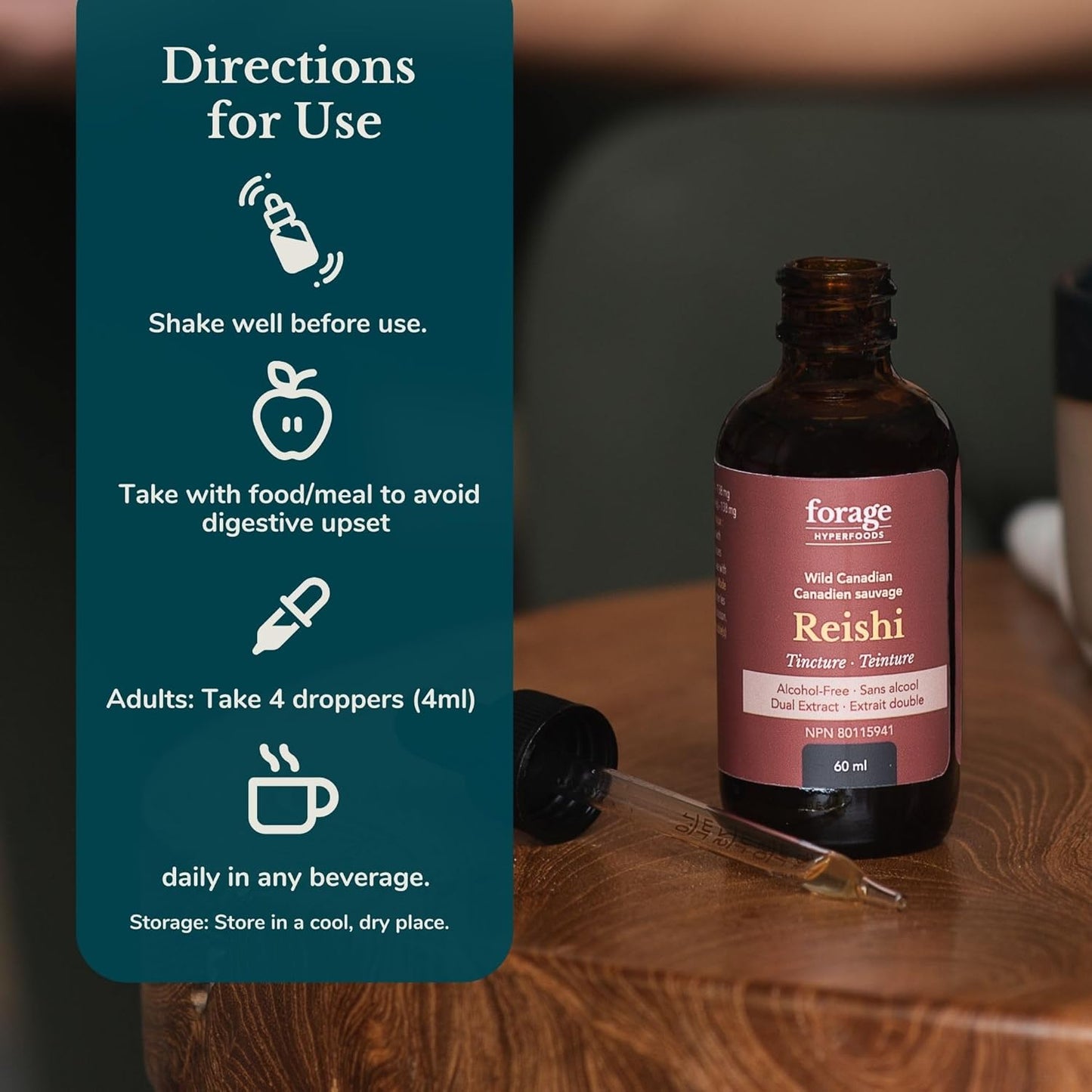 Forage Hyperfoods Reishi Mushroom Tincture - Immune Support & Stress Relief - Dual Extract, Alcohol-Free - 60 ml