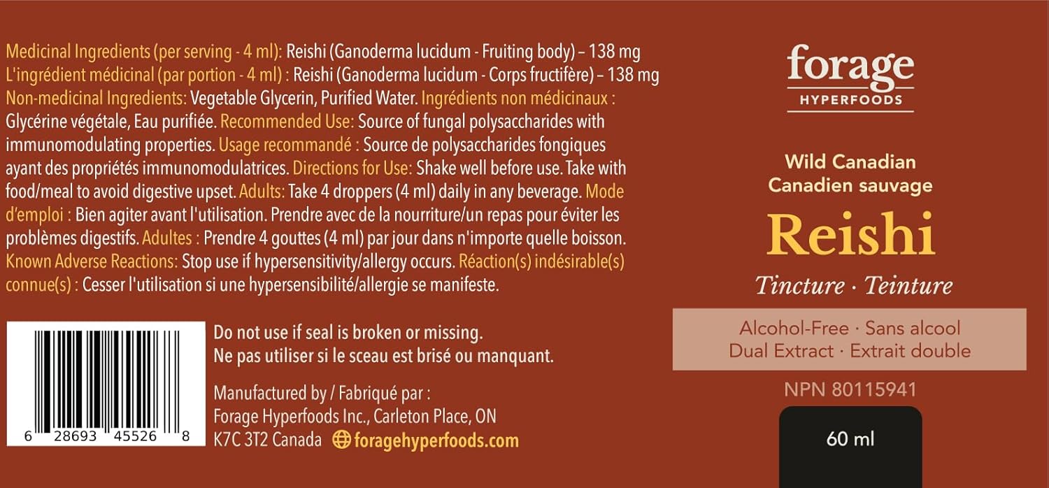 Forage Hyperfoods Reishi Mushroom Tincture - Immune Support & Stress Relief - Dual Extract, Alcohol-Free - 60 ml