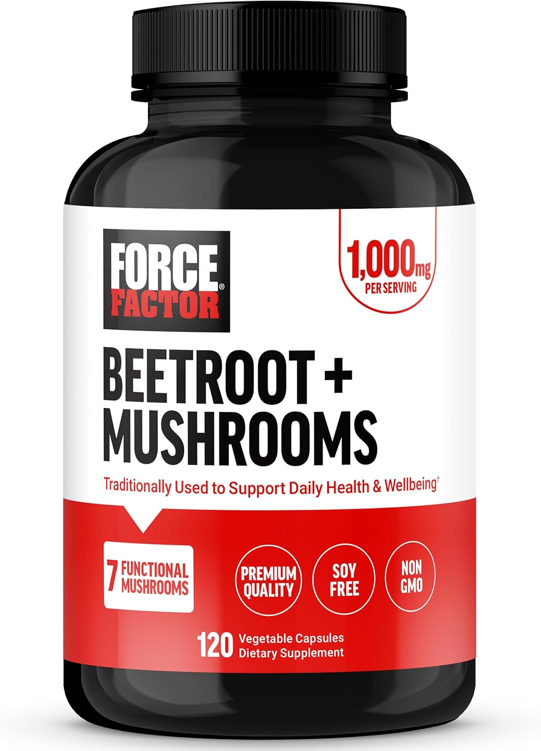 FORCE FACTOR Beetroot and Mushrooms Supplement with Lion’s Mane and Cordyceps, Soy Free, Non-GMO, 120 Capsules for Health
