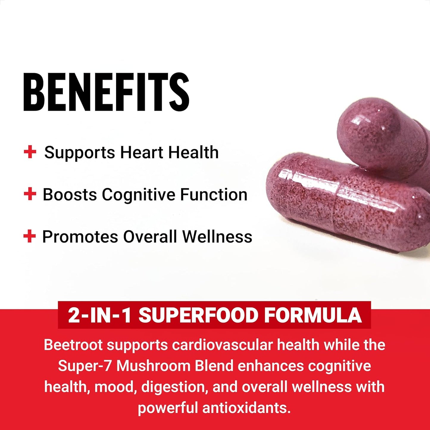 FORCE FACTOR Beetroot and Mushrooms Supplement with Lion’s Mane and Cordyceps, Soy Free, Non-GMO, 120 Capsules for Health
