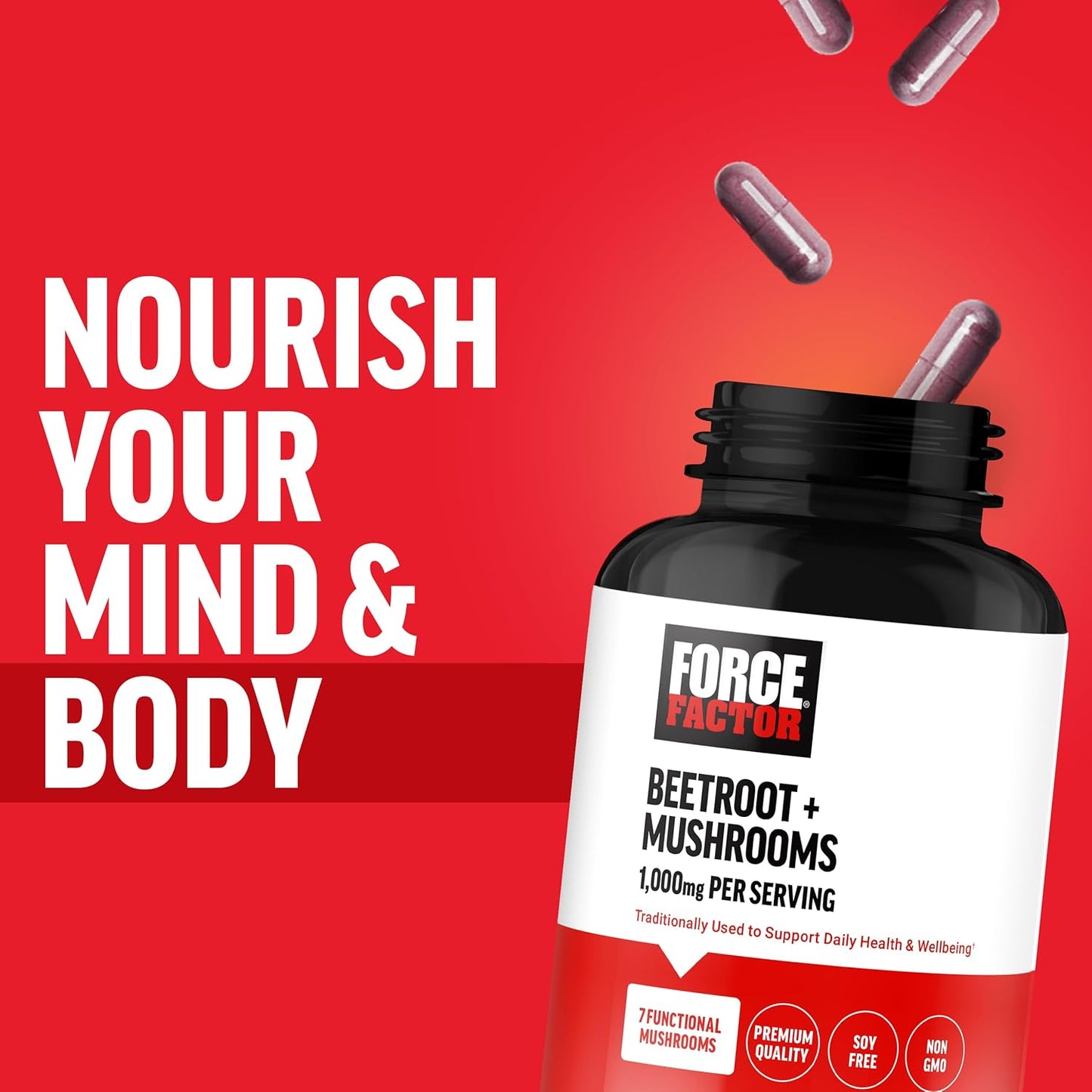 FORCE FACTOR Beetroot and Mushrooms Supplement with Lion’s Mane and Cordyceps, Soy Free, Non-GMO, 120 Capsules for Health