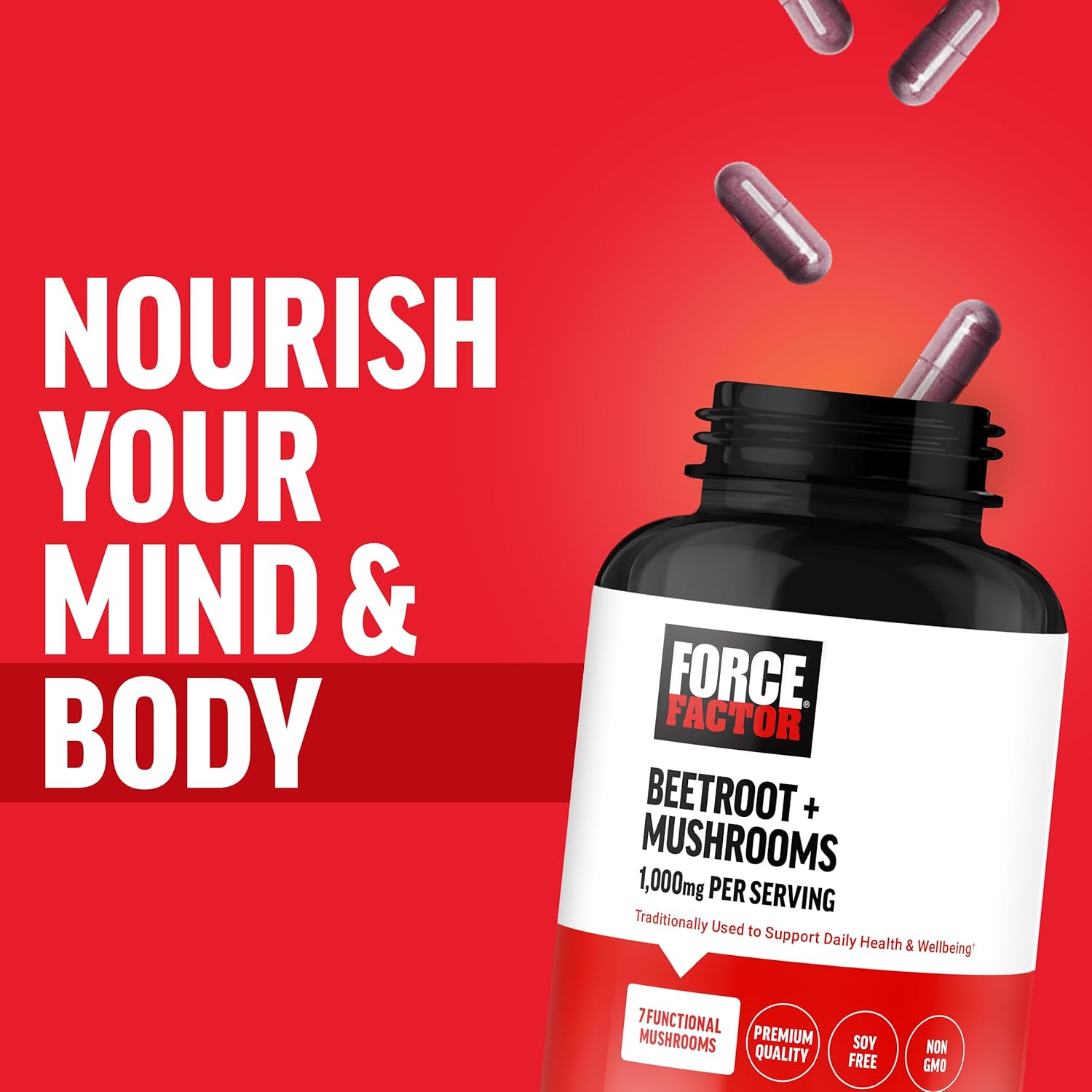FORCE FACTOR Beetroot and Mushrooms Supplement with Lion’s Mane and Cordyceps, Soy Free, Non-GMO, 120 Capsules for Health