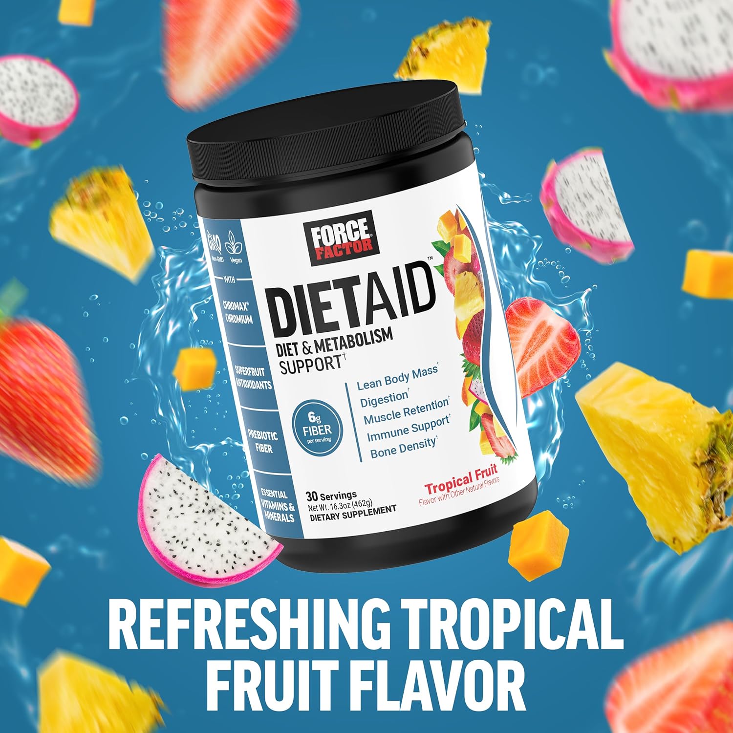 Force Factor Diet Aid Powder: Metabolism Booster & Lean Body Support with 15x More Absorbable Chromium, Tropical Fruit Flavor, 30 Servings