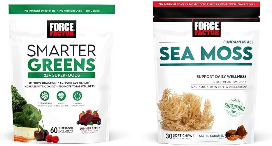 FORCE FACTOR Greens Chews: Superfood & Sea Moss, 60 & 30 Count - 25+ Superfoods