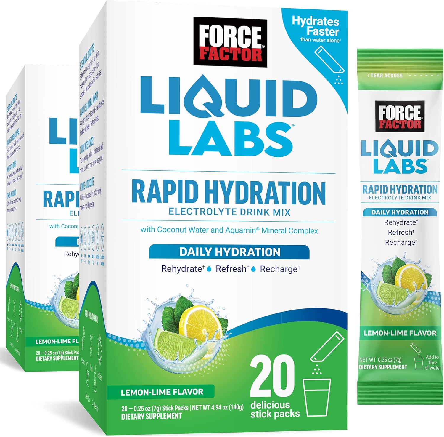 Force Factor Liquid Electrolyte Powder Packets - Lemon Lime Flavor - Hydration with 5 Essential Electrolytes, Vitamins, Minerals, Antioxidants - 40 Stick Packs, 2-Pack