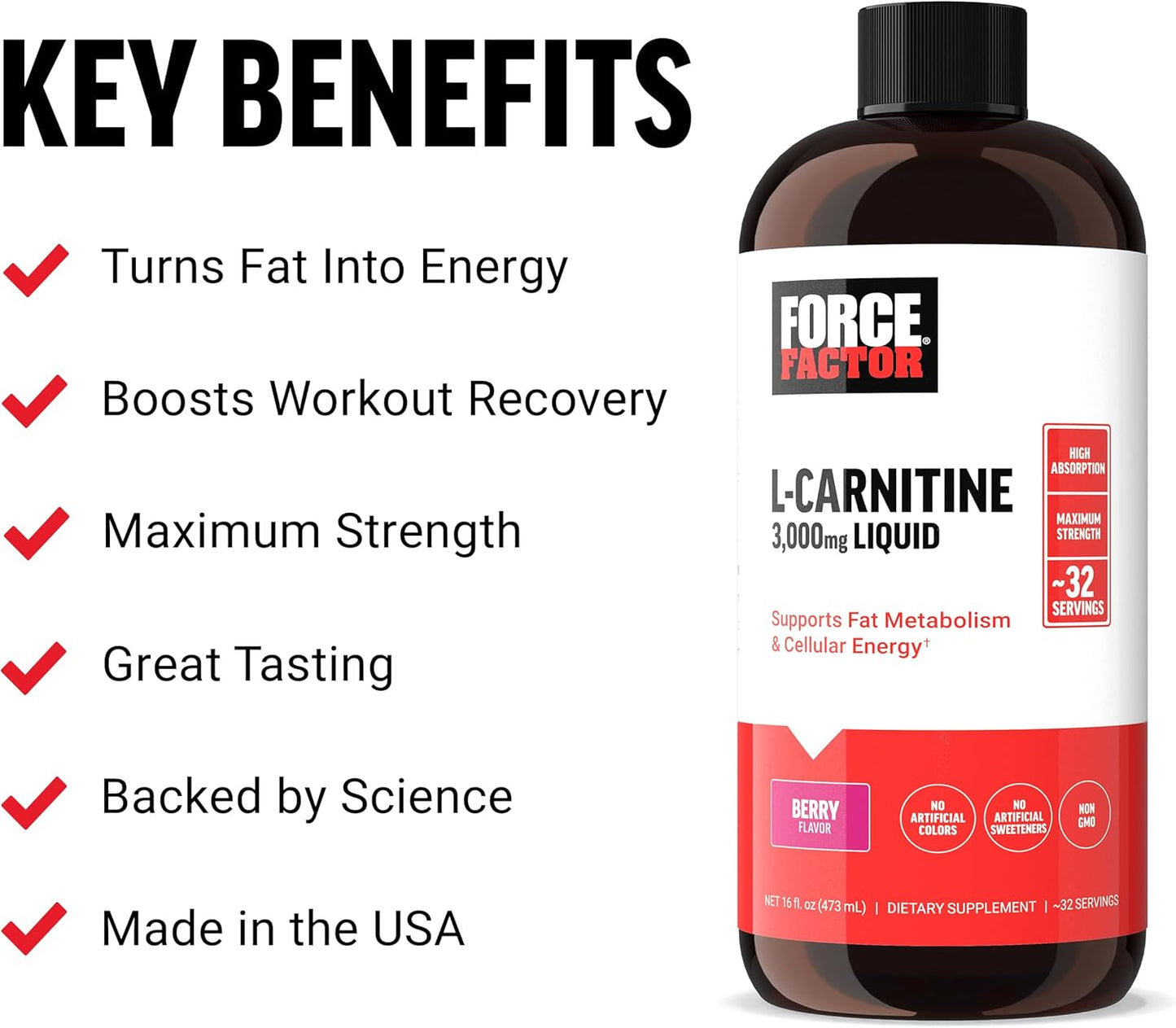 Force Factor Liquid L-Carnitine Supplement 3000 mg - Energy & Muscle Recovery - Maximum Strength Berry Flavor - 16 Oz Bottle