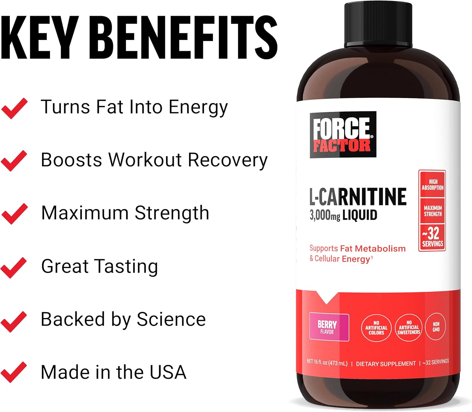 Force Factor Liquid L-Carnitine Supplement 3000 mg - Energy & Muscle Recovery - Maximum Strength Berry Flavor - 16 Oz Bottle