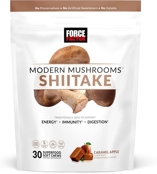 FORCE FACTOR Shiitake Mushrooms Soft Chews: Energy, Immunity, Digestive Health, Antioxidants, Caramel Apple Flavor, 30 Chews