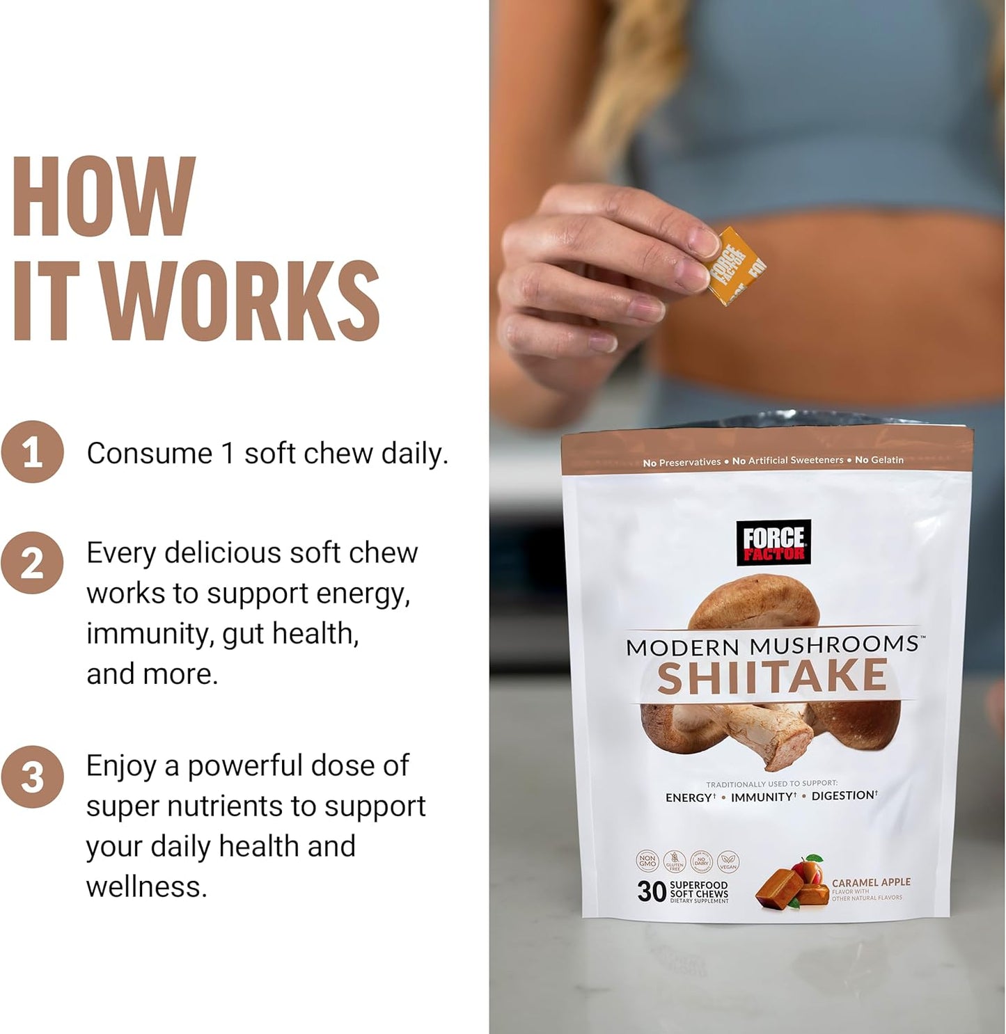 FORCE FACTOR Shiitake Mushrooms Soft Chews: Energy, Immunity, Digestive Health, Antioxidants, Caramel Apple Flavor, 30 Chews