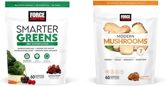 Force Factor Smarter Greens Superfood Chews with Probiotics & Modern Mushrooms - Mushroom Supplement with Lions Mane and Turkey Tail