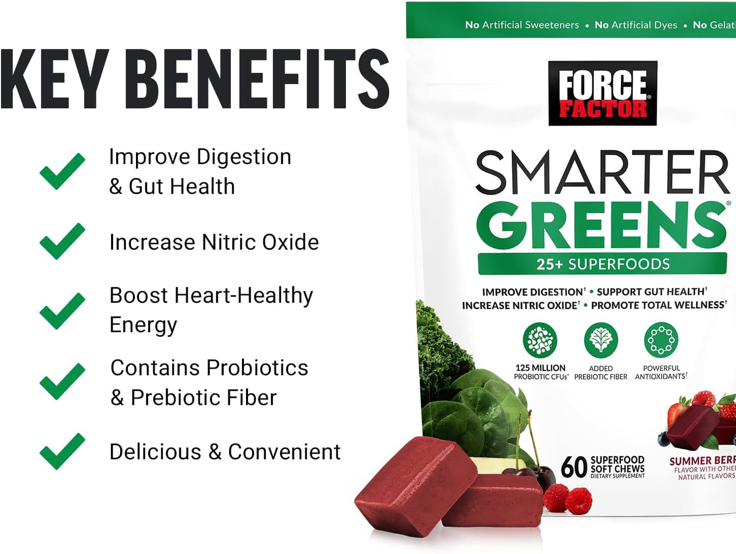 Force Factor Smarter Greens Superfood Chews with Probiotics & Modern Mushrooms - Mushroom Supplement with Lions Mane and Turkey Tail