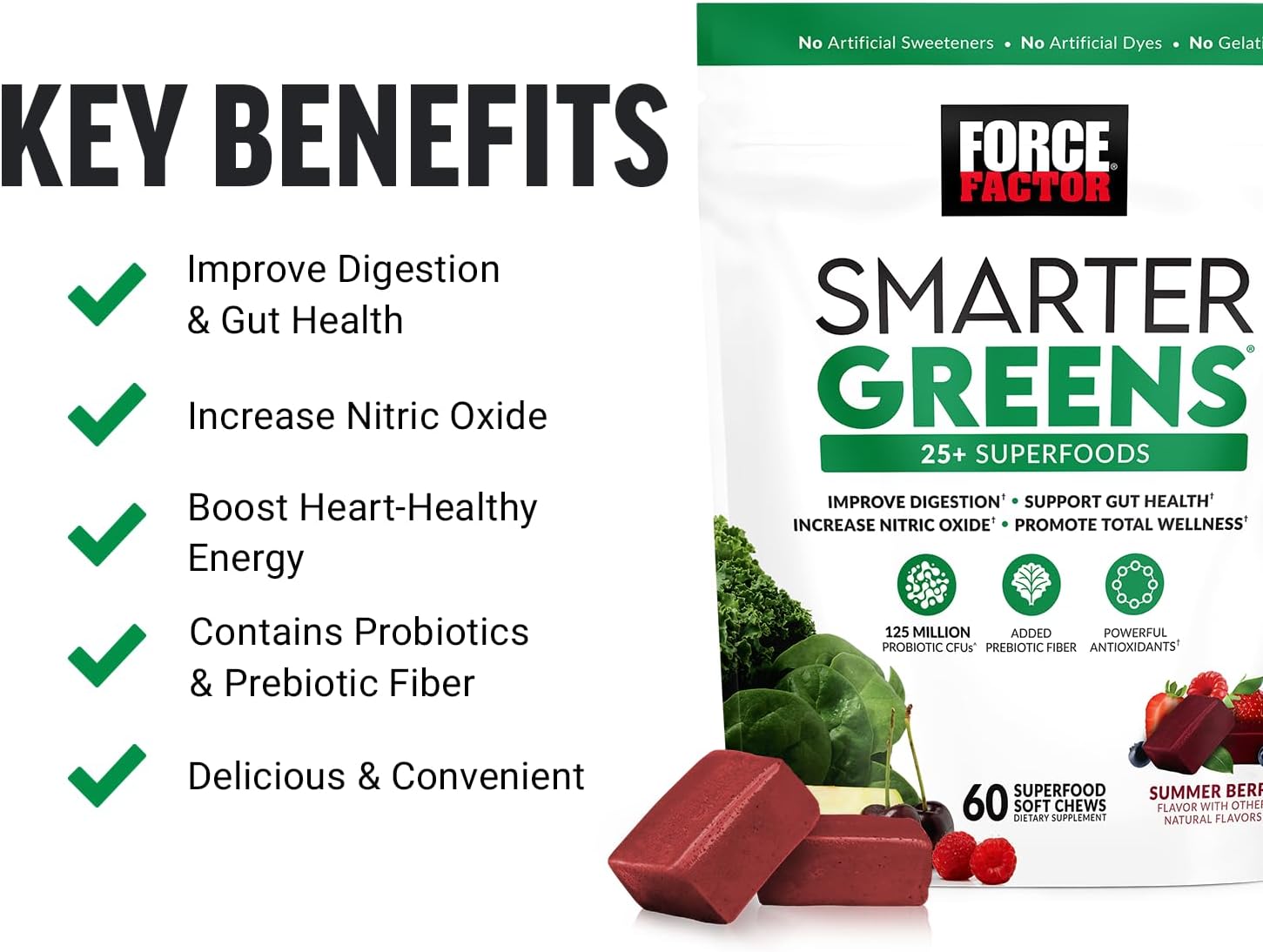 Force Factor Smarter Greens Superfood Chews with Probiotics & Modern Mushrooms - Mushroom Supplement with Lions Mane and Turkey Tail