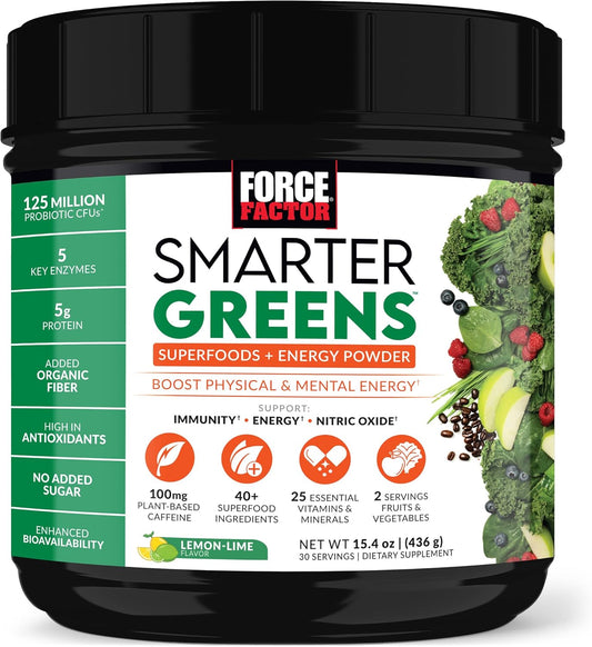 FORCE FACTOR Smarter Greens Superfoods Energy Powder with Digestive Support, Probiotics, Prebiotics - Lemon Lime, 30 Servings