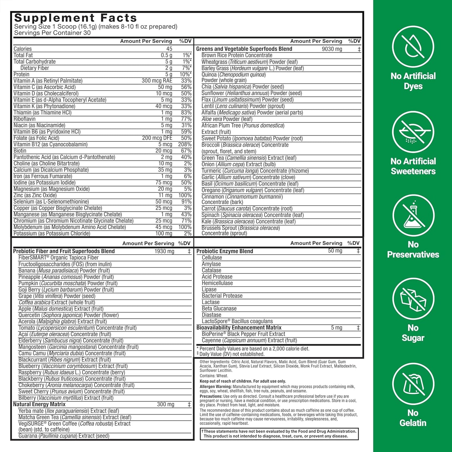 FORCE FACTOR Smarter Greens Superfoods Energy Powder with Digestive Support, Probiotics, Prebiotics - Lemon Lime, 30 Servings