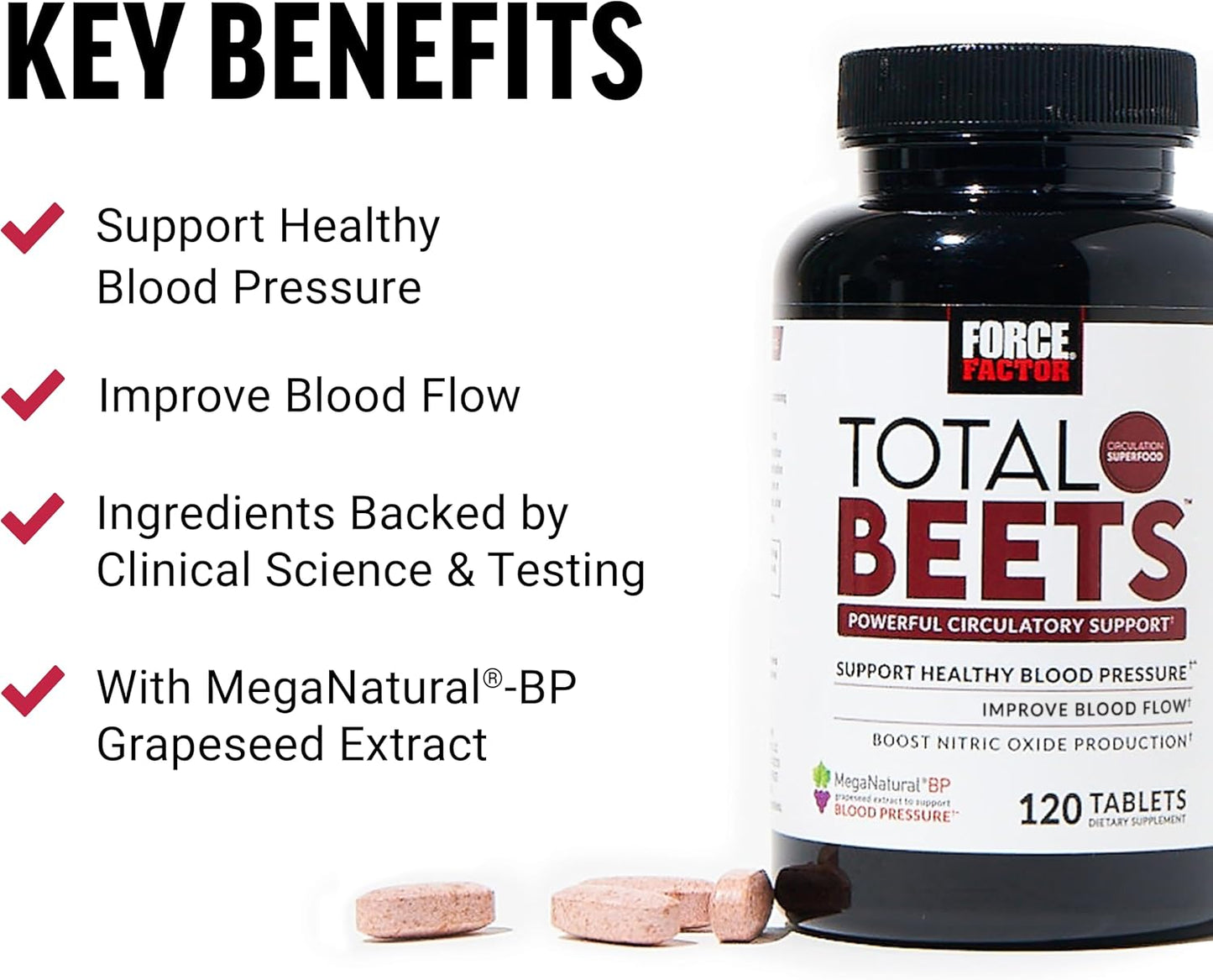 Force Factor Total Beets Nitric Oxide Supplement - 240 Tablets, 2 Pack - Beet Root Powder, Nitrates, Grapeseed Extract for Circulation, Heart Health