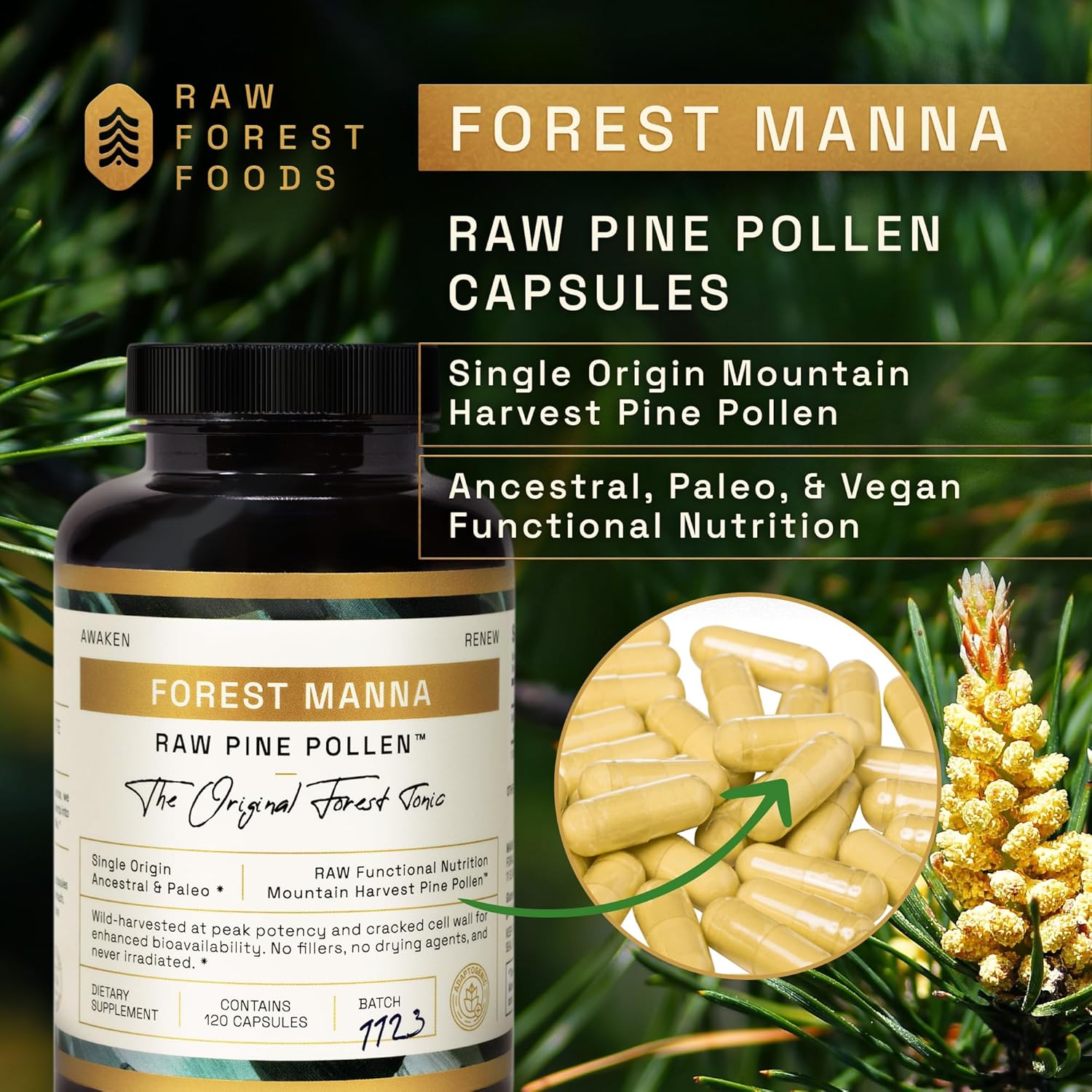 Forest Manna RAW Pine Pollen Capsules - Adaptogenic Functional Nutrition - Single Origin - 120 Capsules, Vegan & Non-GMO