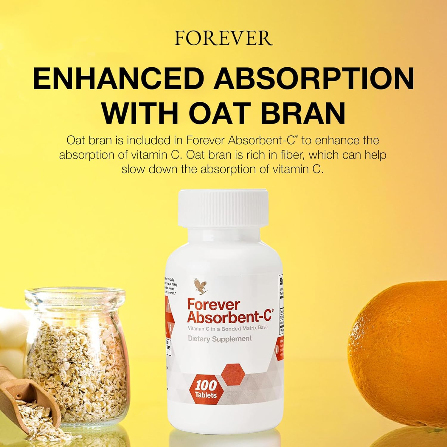 Forever Living Absorbent-C Orange and Honey Flavor Vitamin C Supplement with Oat Bran for Immune Support and Skin Health 100 Tablets