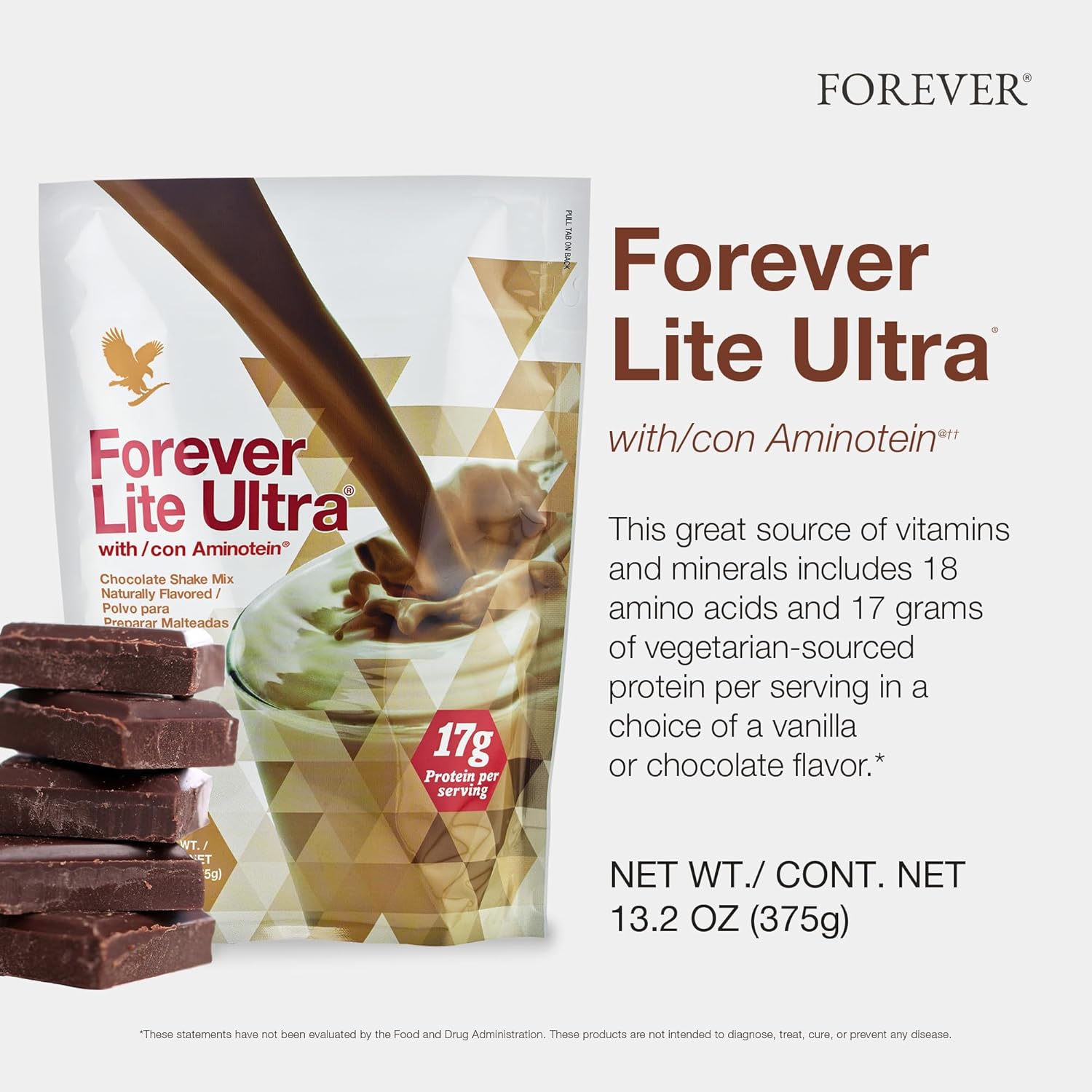 Forever Living Lite Ultra Chocolate Protein Shake Mix - Aminotein, Low Carb Drink for Lean Muscle Mass, 13.2 oz