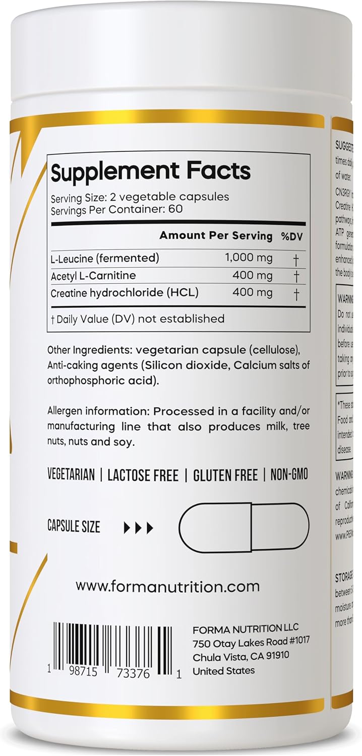 FORMA NUTRITION Advanced CN3RGY Supplement - Boost Energy with L-Leucine, L-Carnitine, and Creatine - 120 Capsules, 1000mg Leucine, 400mg Carnitine, 400mg Creatine HCl.