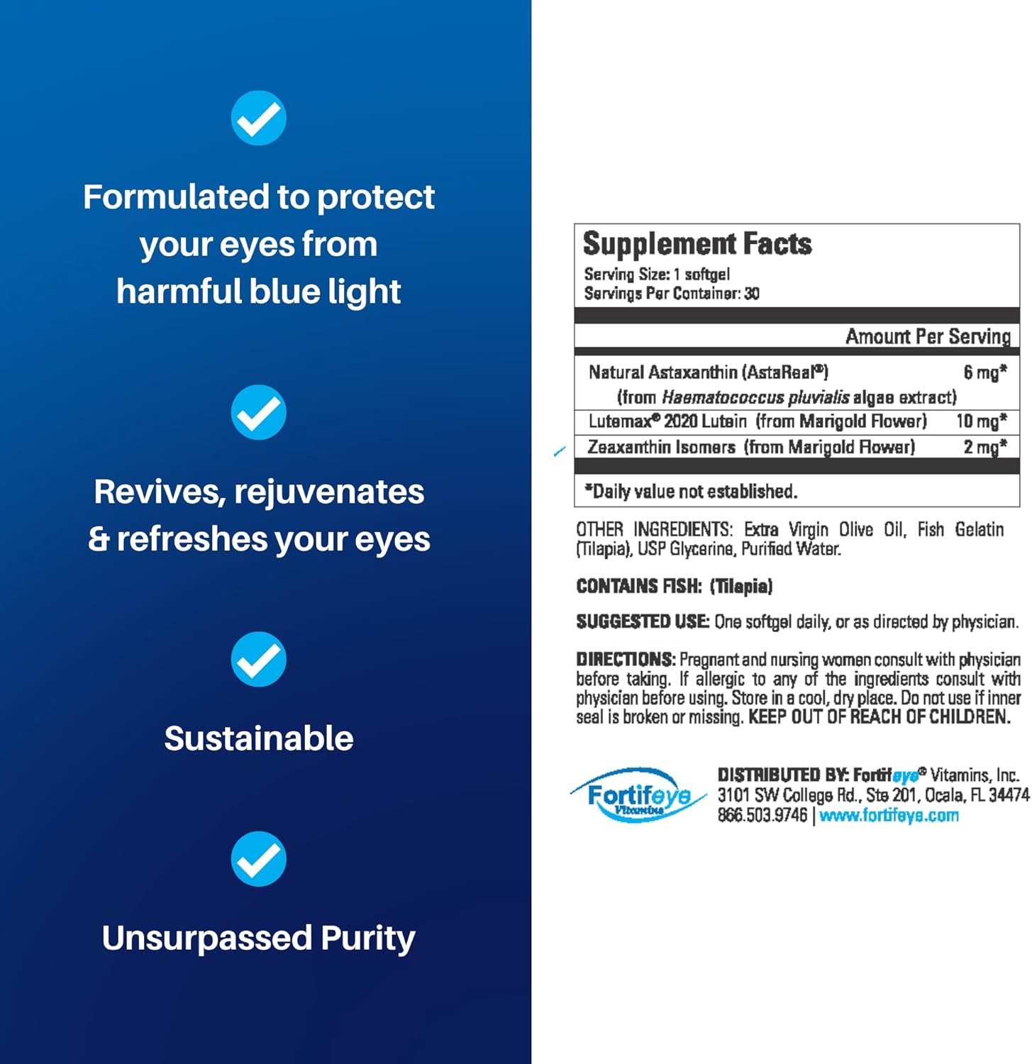 Fortifeye Focus Eye Care Supplement with Triple Carotenoid - Astaxanthin, Lutein, Zeaxanthin - 30 Softgel Capsules