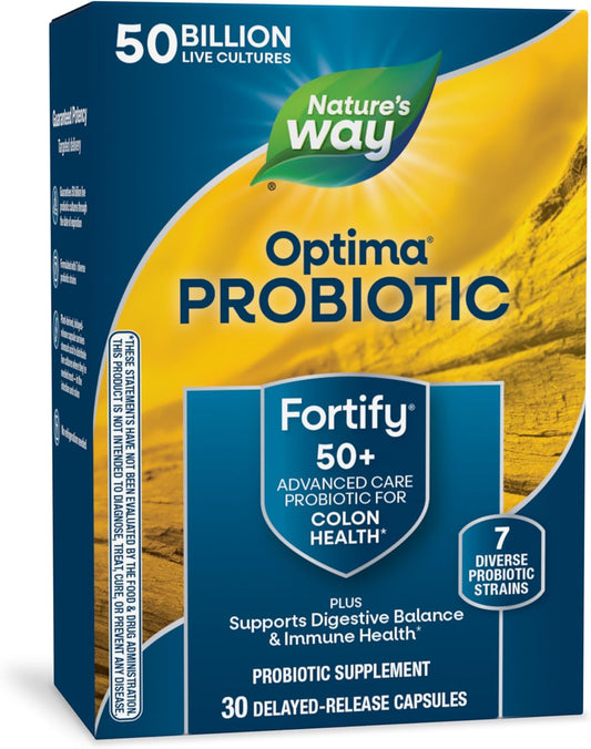 Fortify Optima Probiotic for Adults 50+: 50 Billion Live Cultures, Digestive & Immune Health, No Refrigeration, 30 Capsules
