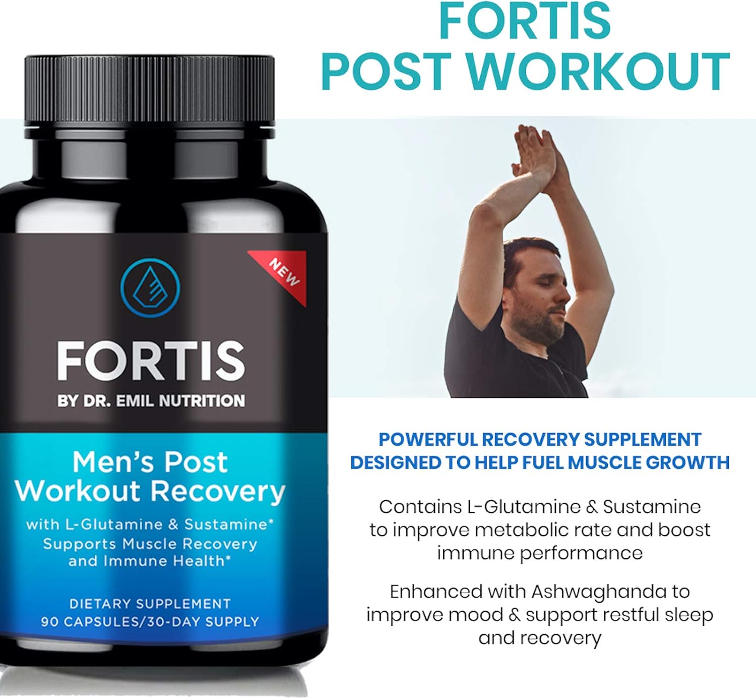 Fortis Post-Workout Recovery Capsule for Men with L-Glutamine and Sustamine - Supports Muscle Recovery & Immune Health, 30 Servings