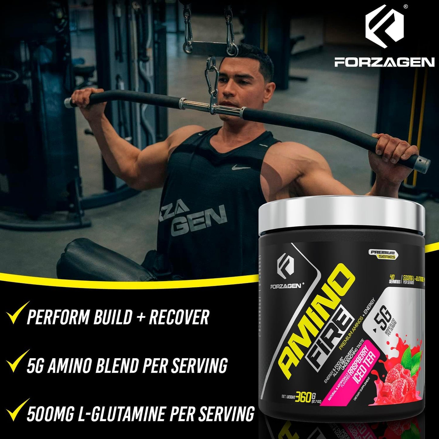 Forzagen Amino Fire Raspberry Ice Tea: Pre-Workout BCAA Energy Boost Powder with Focus & Muscle Recovery Support - 40 Servings