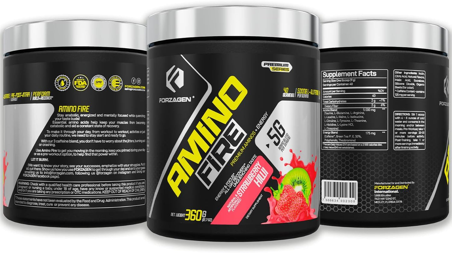 Forzagen Amino Fire Strawberry Kiwi Pre-Workout Energy Powder with BCAA for Muscle Recovery & Focus, 40 Servings