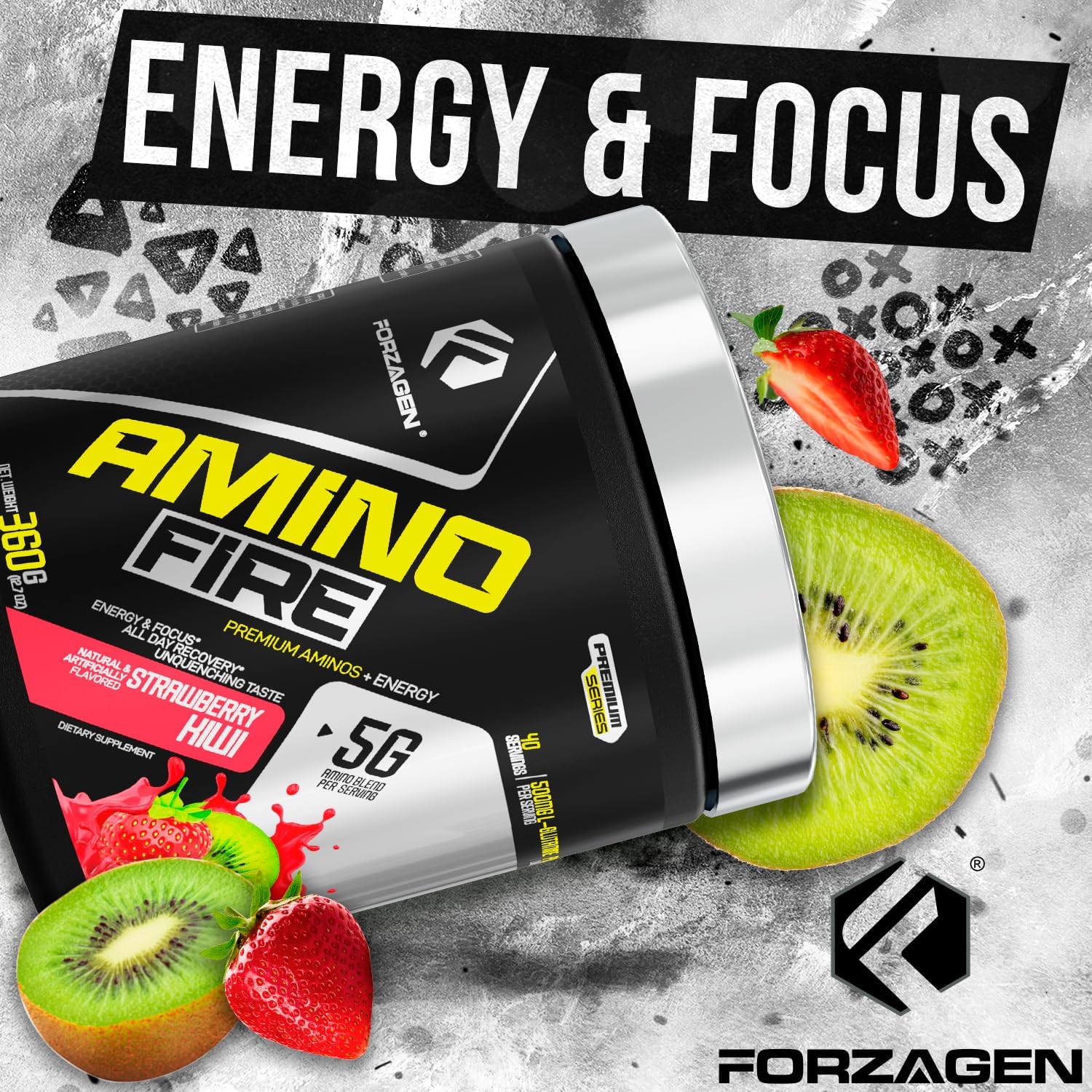 Forzagen Amino Fire Strawberry Kiwi Pre-Workout Energy Powder with BCAA for Muscle Recovery & Focus, 40 Servings