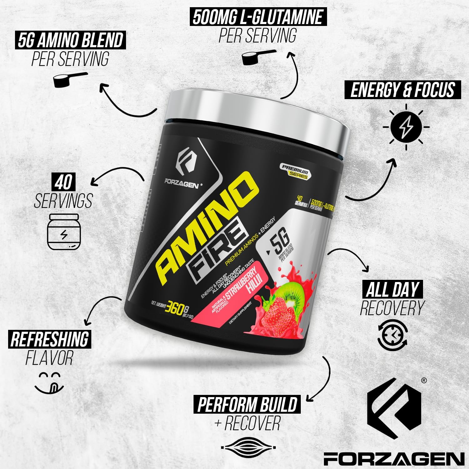 Forzagen Amino Fire Strawberry Kiwi Pre-Workout Energy Powder with BCAA for Muscle Recovery & Focus, 40 Servings