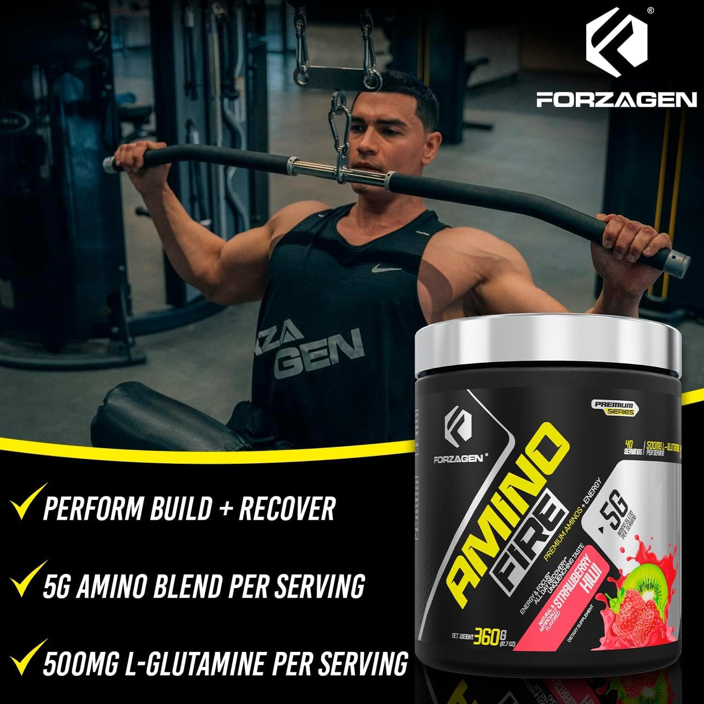 Forzagen Amino Fire Strawberry Kiwi Pre-Workout Energy Powder with BCAA for Muscle Recovery & Focus, 40 Servings