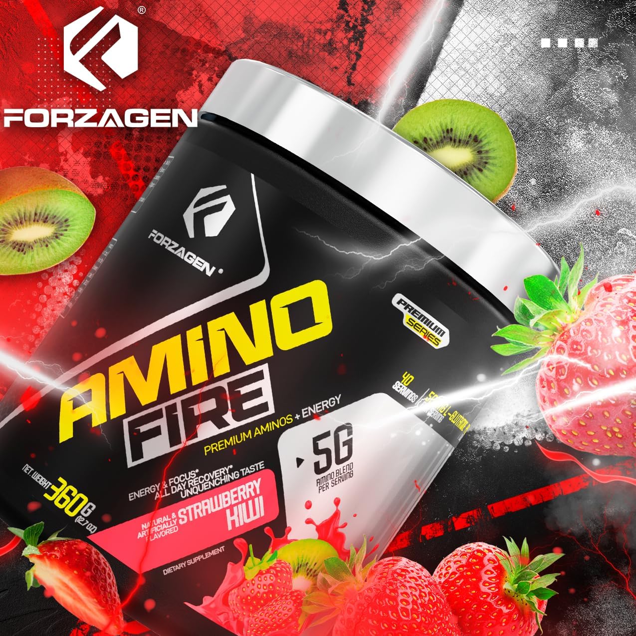 Forzagen Amino Fire Strawberry Kiwi Pre-Workout Energy Powder with BCAA for Muscle Recovery & Focus, 40 Servings