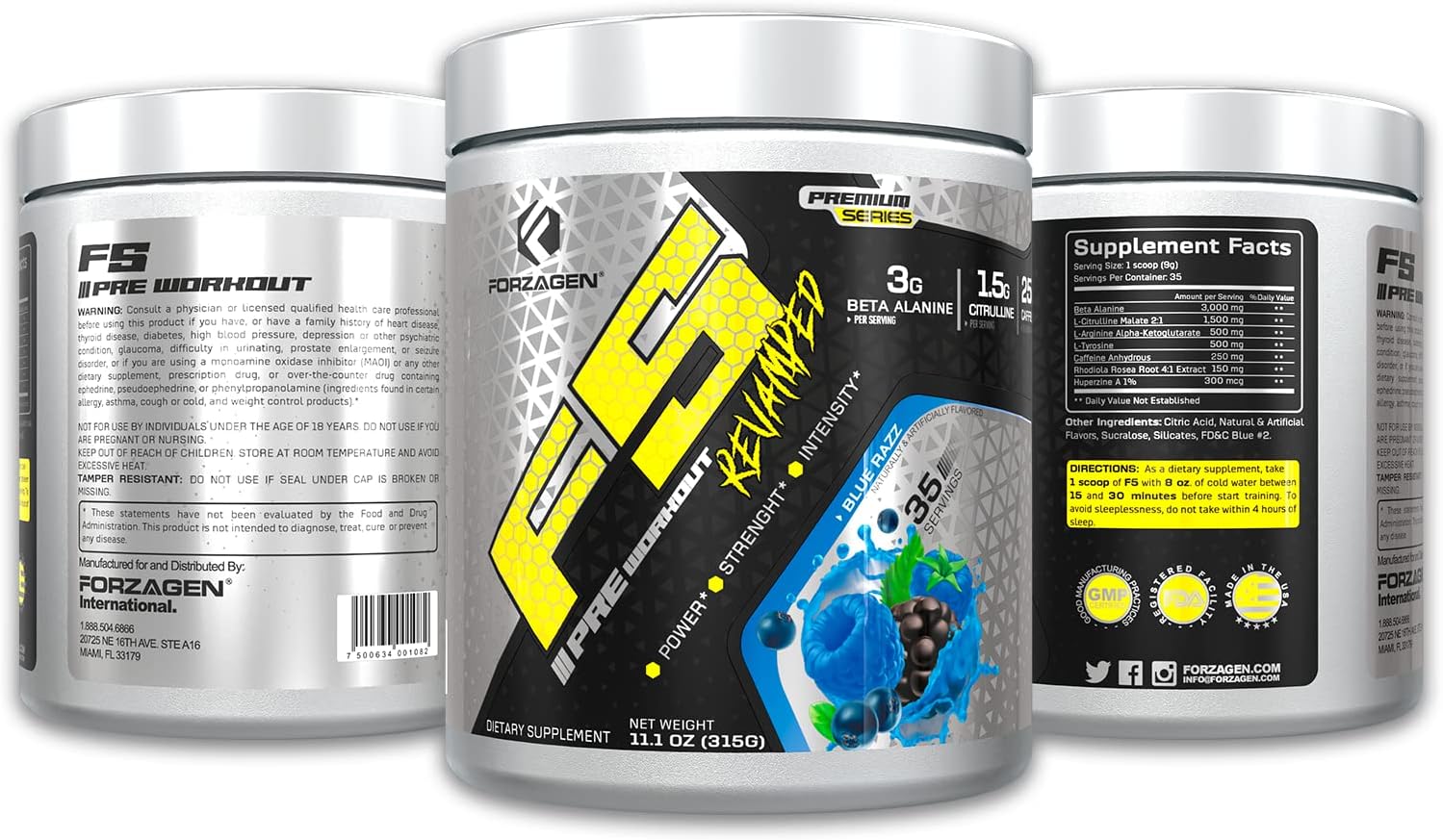 Forzagen F5 Blue Razz Pre Workout Powder - Sugar-Free Energy Booster for Men and Women