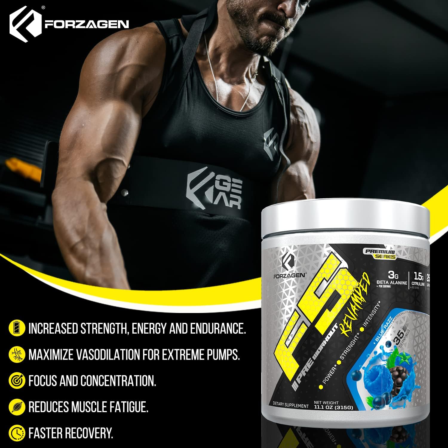 Forzagen F5 Blue Razz Pre Workout Powder - Sugar-Free Energy Booster for Men and Women