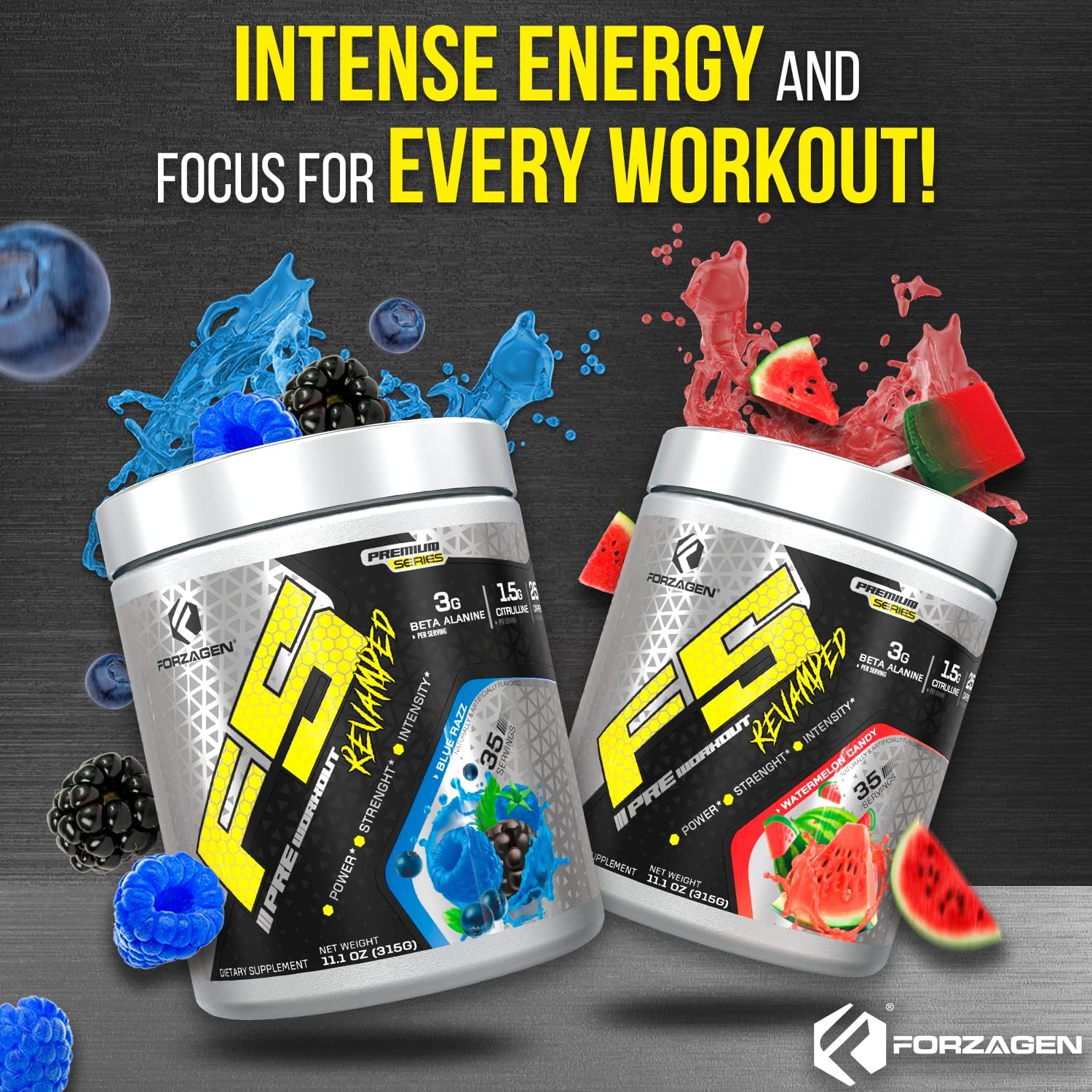 Forzagen F5 Blue Razz Pre Workout Powder - Sugar-Free Energy Booster for Men and Women