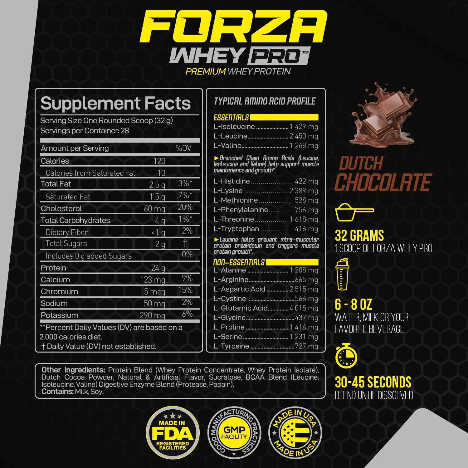 Forzagen Whey PRO Low Carb Protein Powder - Dutch Chocolate Flavor | 24g Protein per Serving, No Sugar Added, Gluten Free, BCAA, Ideal for Men & Women, 2 lbs.