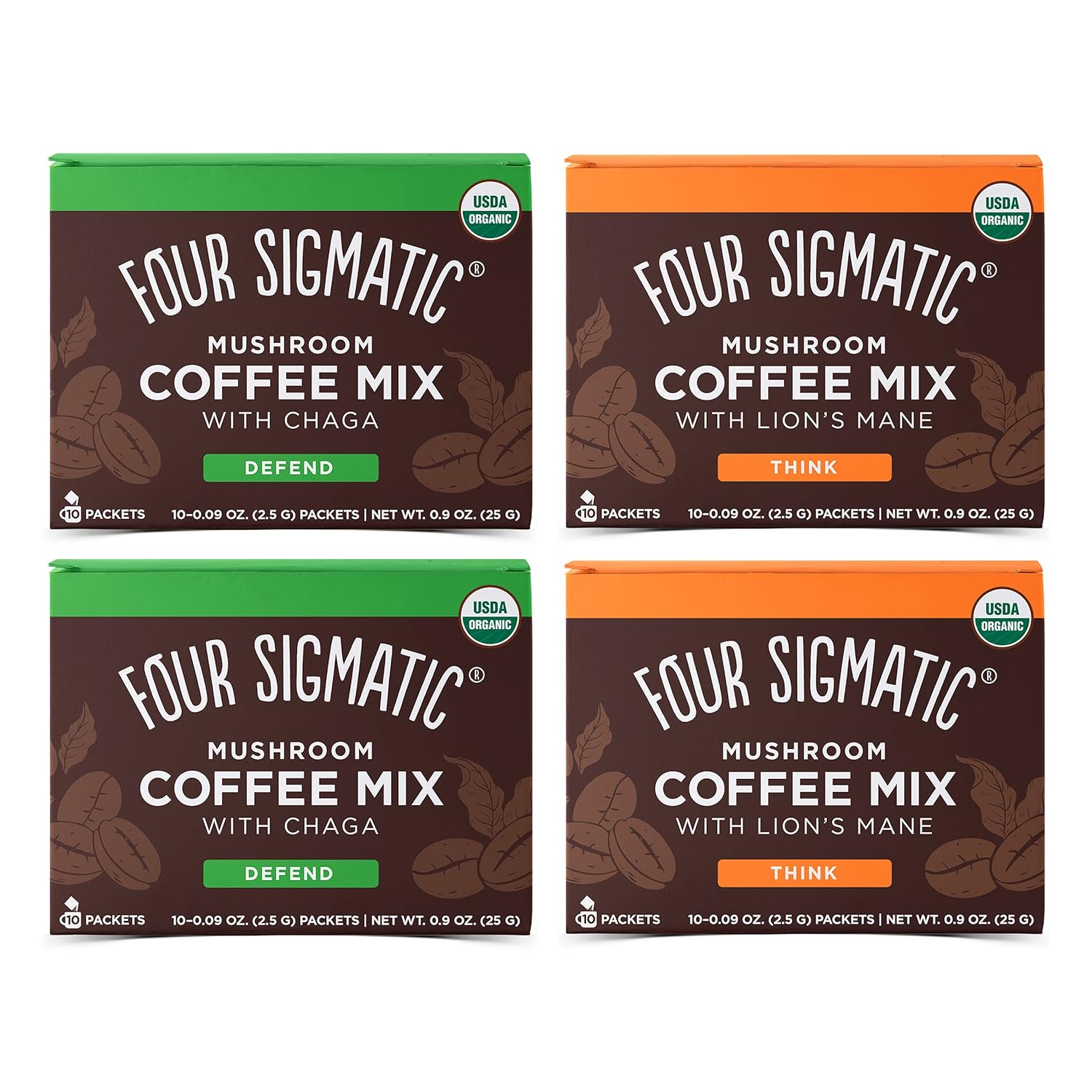 Four Sigmatic Mushroom Coffee Mix Variety Pack - Lion's Mane, Chaga, Cordyceps - 10 Packets x 4 Boxes