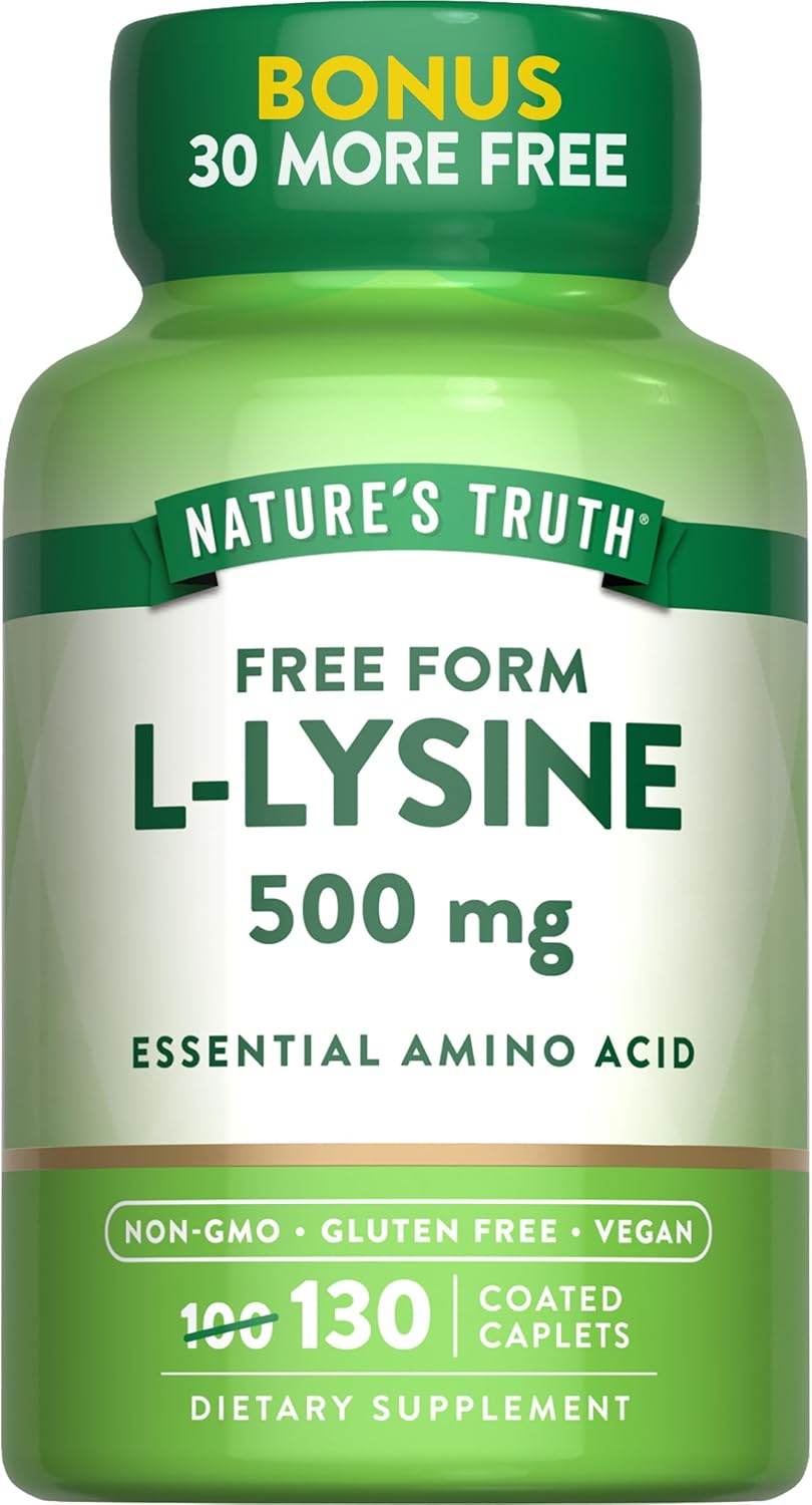 Free Form L-Lysine 500mg Caplets - Essential Amino Acid Supplement - Non-GMO & Gluten Free - 130 Count