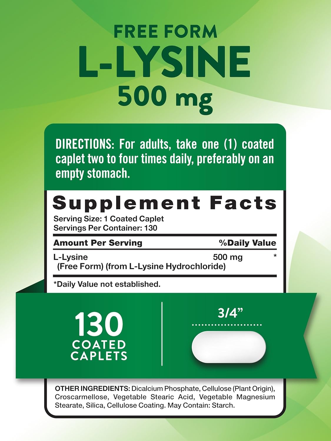Free Form L-Lysine 500mg Caplets - Essential Amino Acid Supplement - Non-GMO & Gluten Free - 130 Count